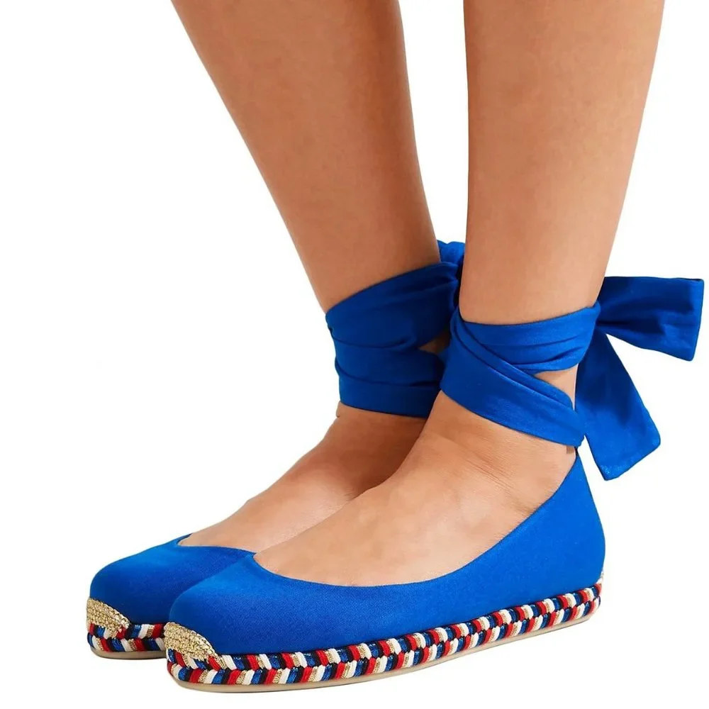 NEW Christian Louboutin Espadrilles Flats with Ribbon Ties, Canvas, Blue, EU 37